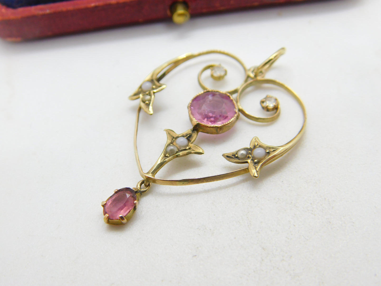 Edwardian 9ct Gold, Pink Topaz & Diamond Paste Lavalier Drop Pendant c1910