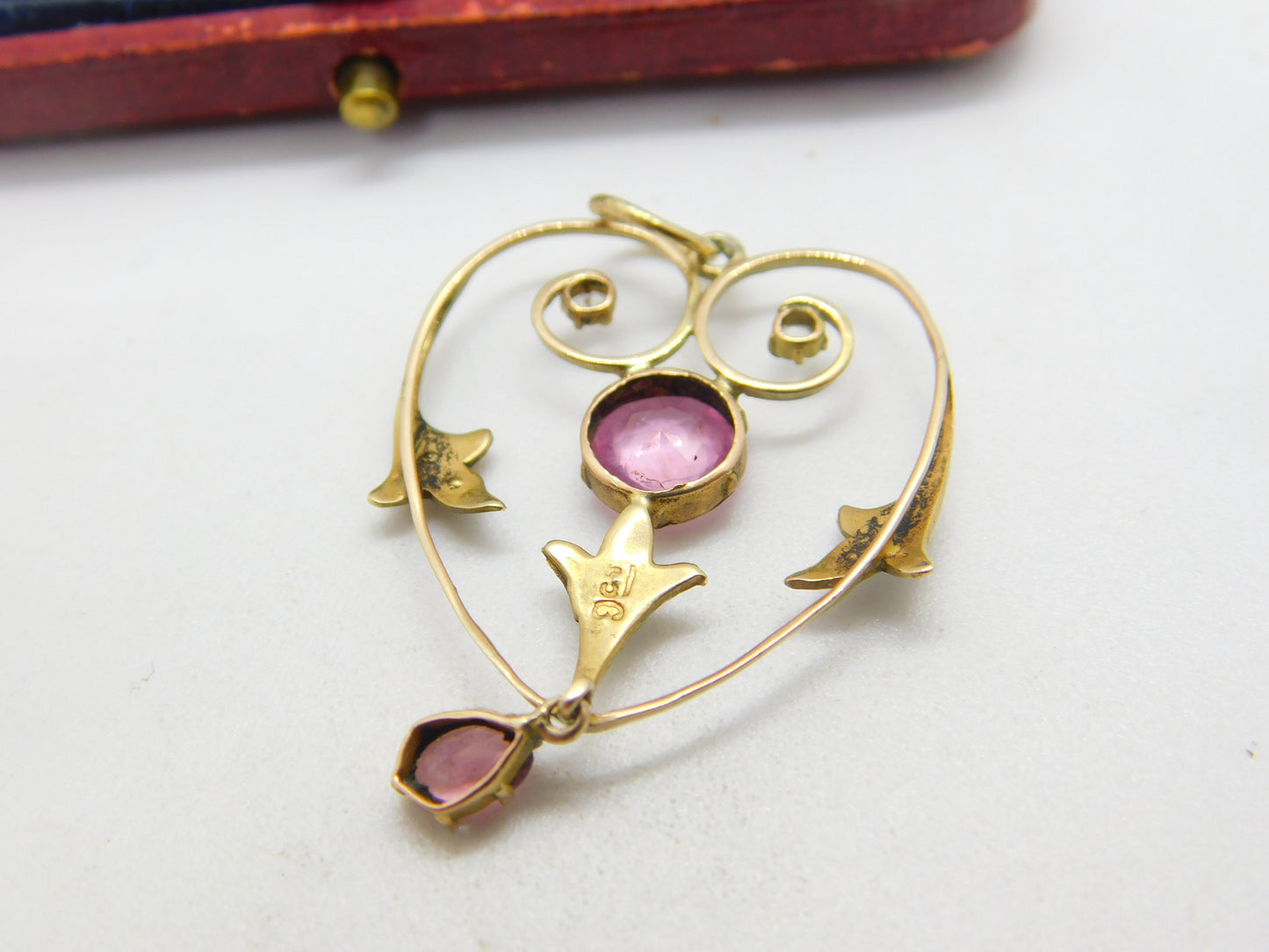 Edwardian 9ct Gold, Pink Topaz & Diamond Paste Lavalier Drop Pendant c1910