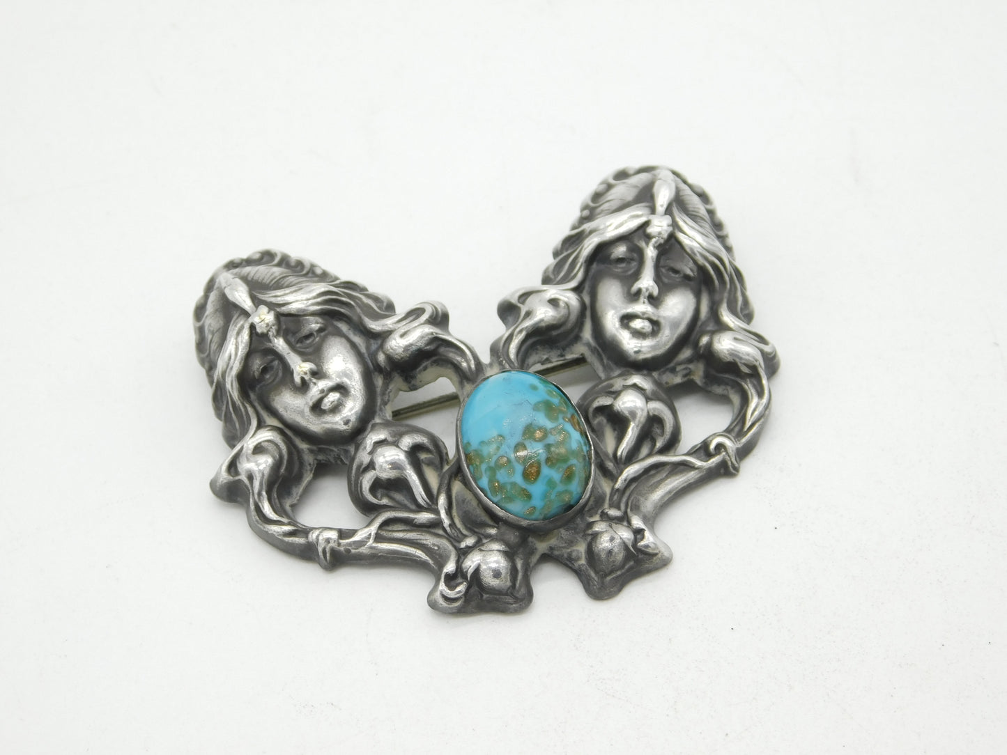Art Nouveau Sterling Silver Ruskin Cabochon Fairy Brooch Antique c1890