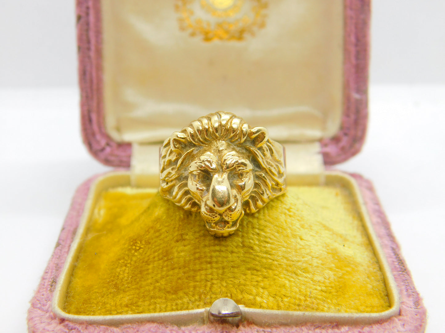 14ct Yellow Gold Lion Mask Statement Signet Ring Vintage c1980 Size V UK