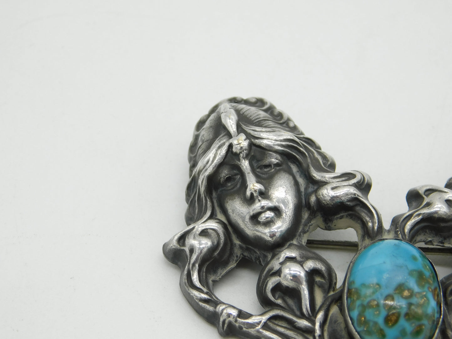 Art Nouveau Sterling Silver Ruskin Cabochon Fairy Brooch Antique c1890