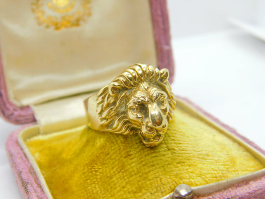 14ct Yellow Gold Lion Mask Statement Signet Ring Vintage c1980 Size V UK