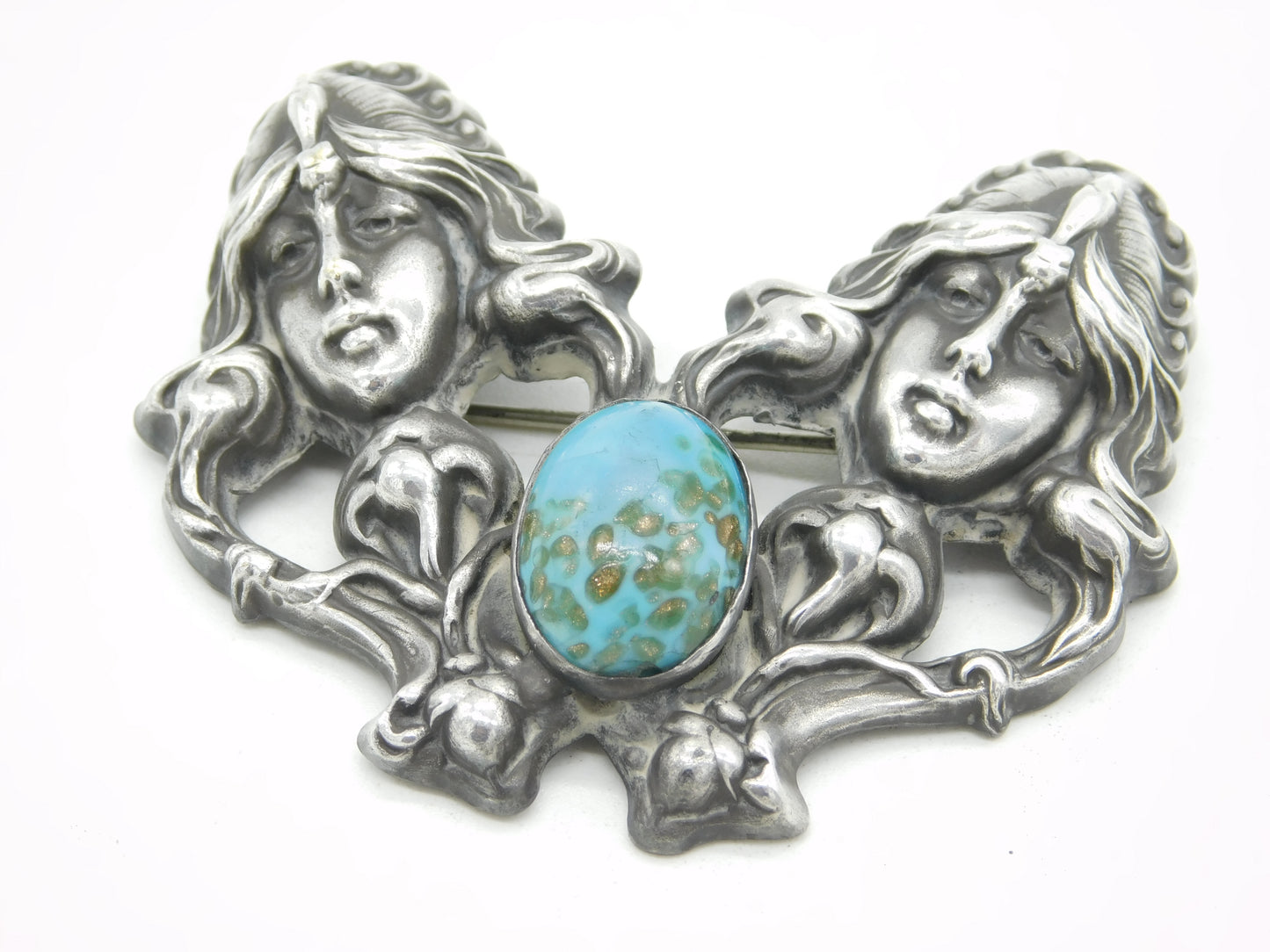 Art Nouveau Sterling Silver Ruskin Cabochon Fairy Brooch Antique c1890