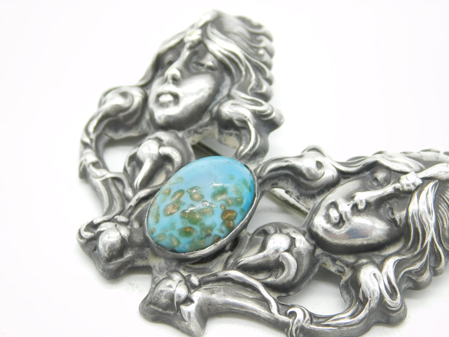 Art Nouveau Sterling Silver Ruskin Cabochon Fairy Brooch Antique c1890