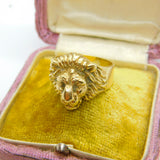 14ct Yellow Gold Lion Mask Statement Signet Ring Vintage c1980 Size V UK