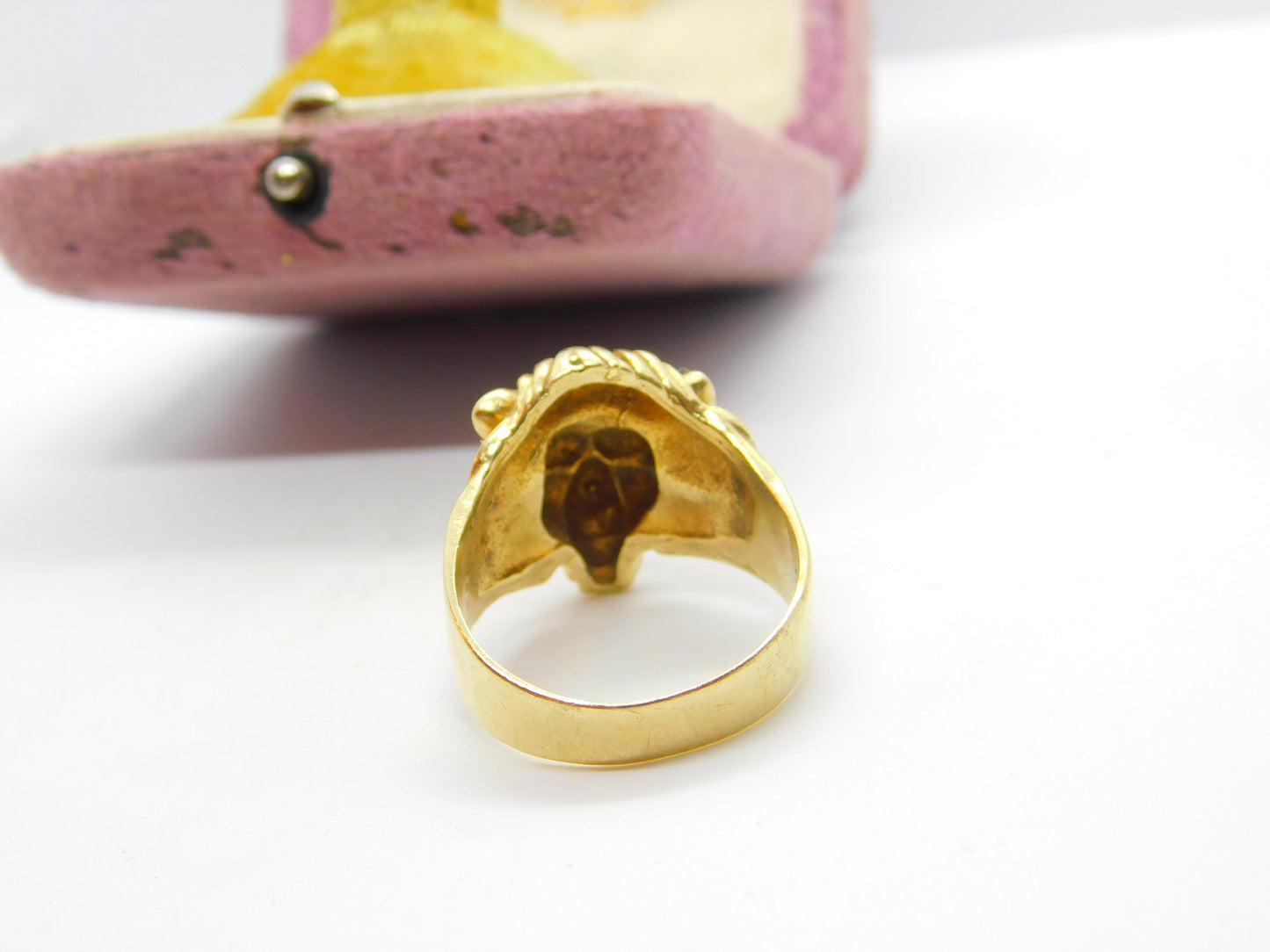 14ct Yellow Gold Lion Mask Statement Signet Ring Vintage c1980 Size V UK