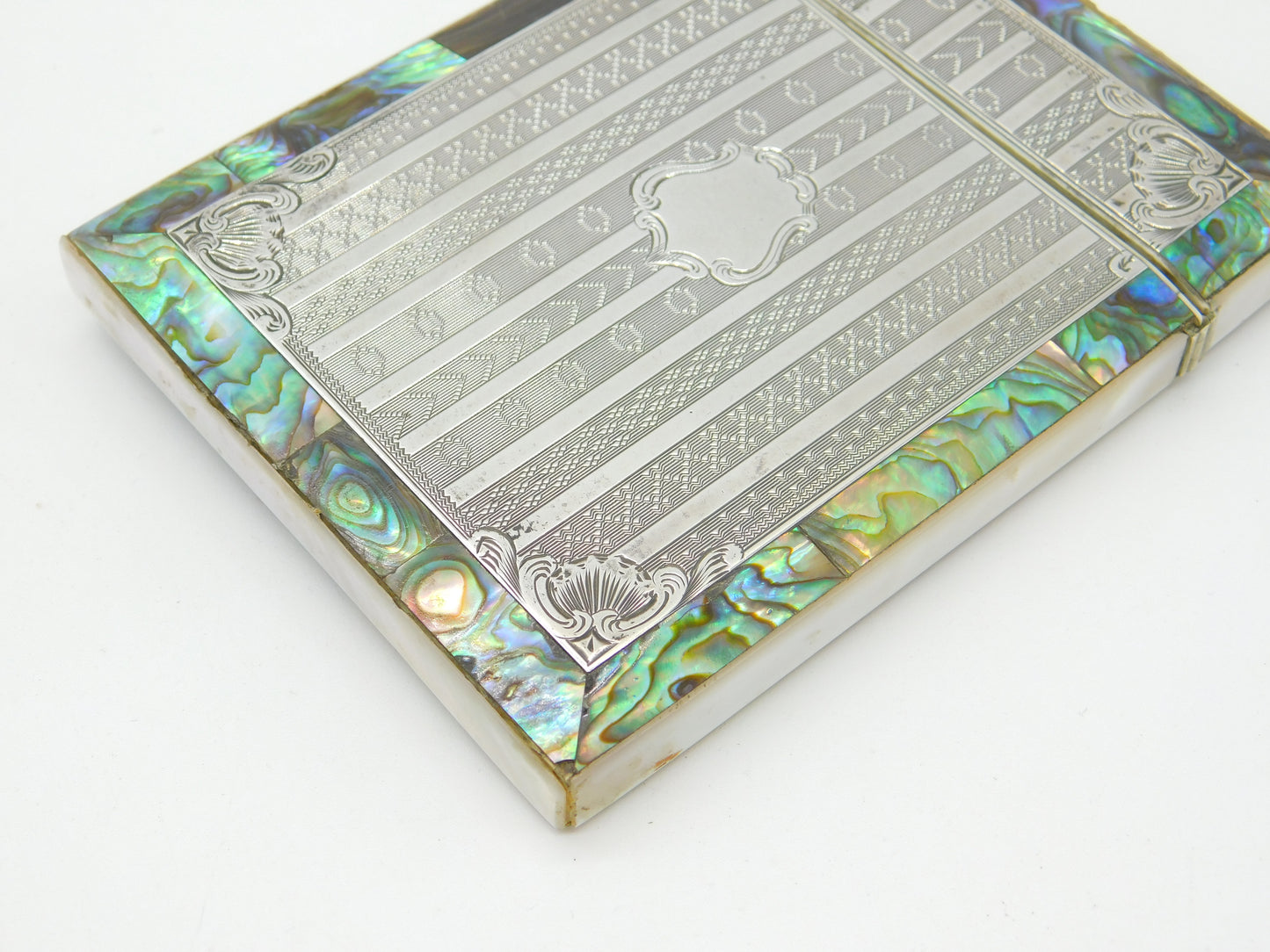 Victorian Sterling Silver, Abalone & Mother of Pearl Card Case Antique c1890