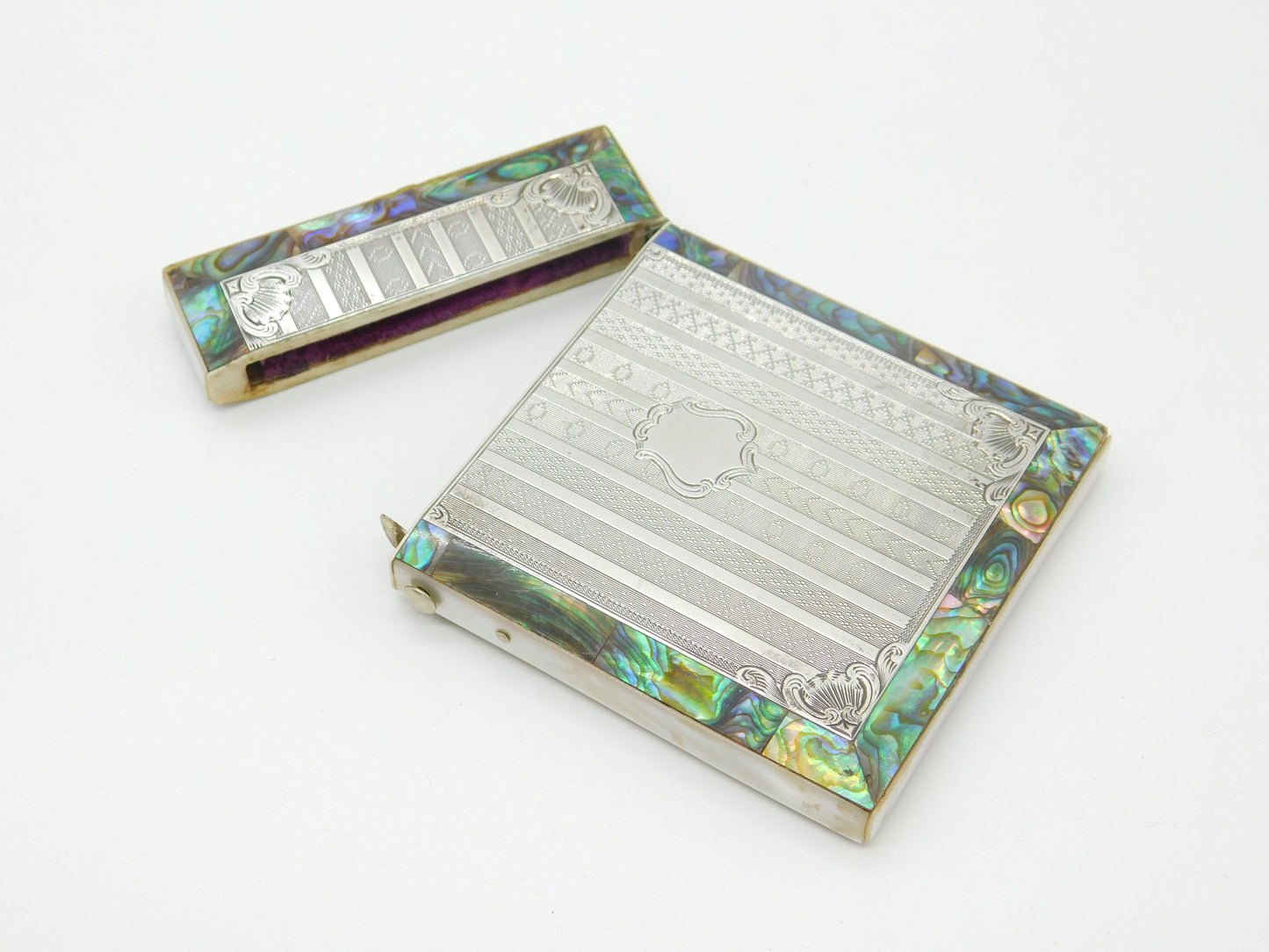 Victorian Sterling Silver, Abalone & Mother of Pearl Card Case Antique c1890