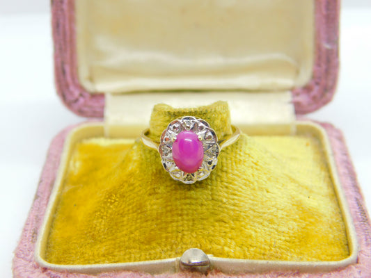 9ct Yellow Gold, Diamond & Cabochon Star Ruby Cluster Ring London c1980