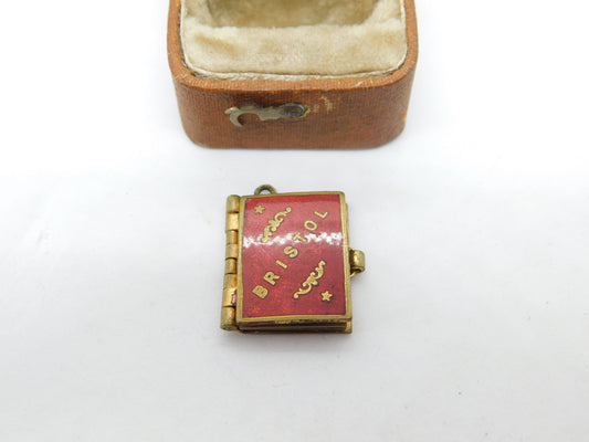 Edwardian Gilt Metal Red Enamel Bristol Souvenir Photo Book Charm c1910 Antique