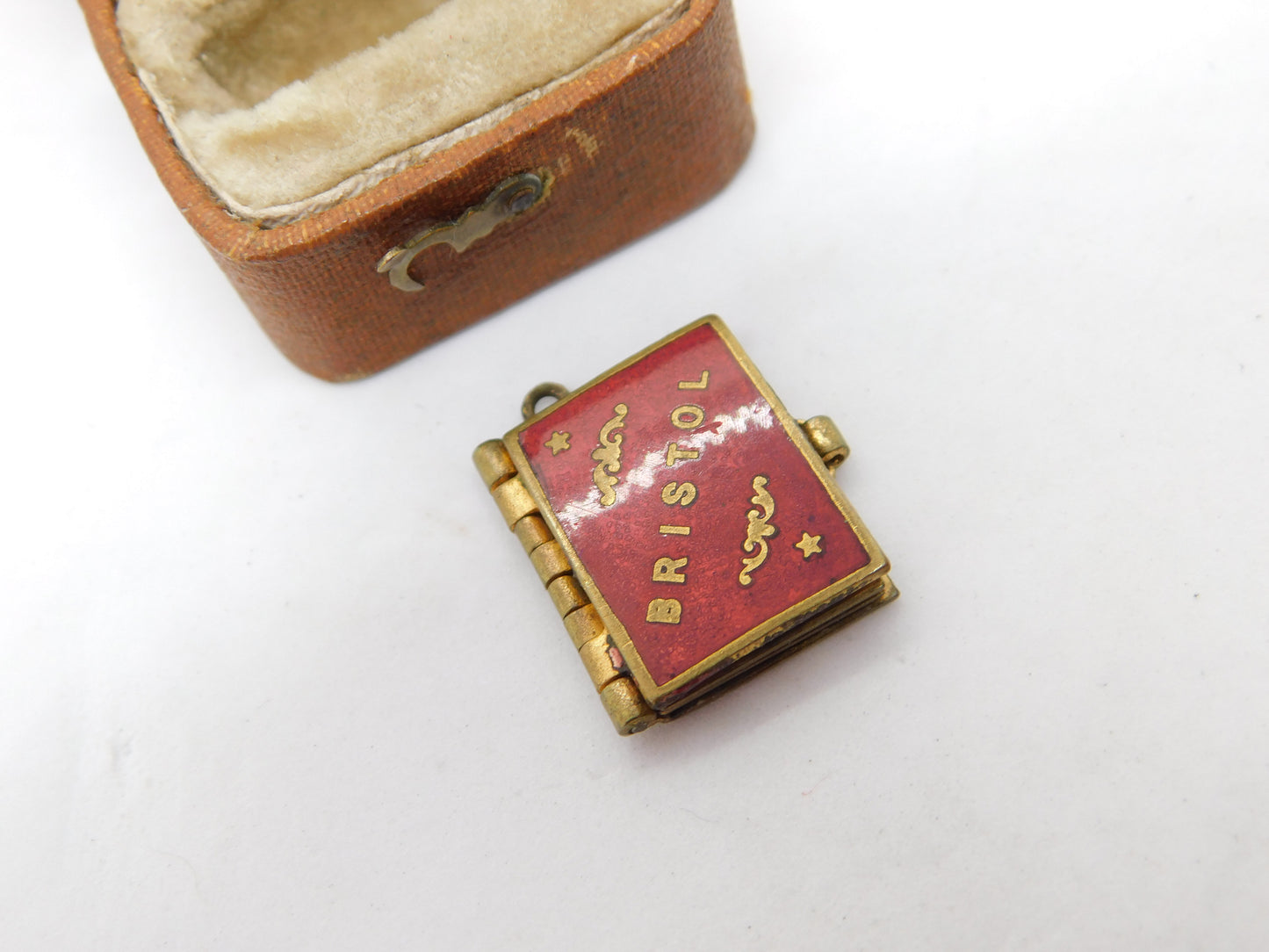 Edwardian Gilt Metal Red Enamel Bristol Souvenir Photo Book Charm c1910 Antique