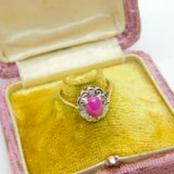 9ct Yellow Gold, Diamond & Cabochon Star Ruby Cluster Ring London c1980
