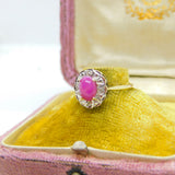 9ct Yellow Gold, Diamond & Cabochon Star Ruby Cluster Ring London c1980