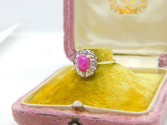 9ct Yellow Gold, Diamond & Cabochon Star Ruby Cluster Ring London c1980