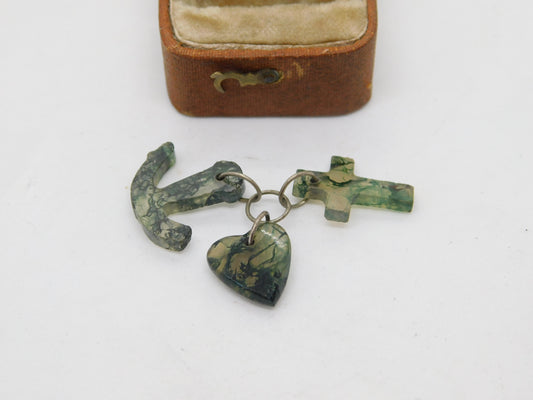 Victorian Silver & Carved Moss Agate Faith, Hope, Charity Charm c1890 Antique