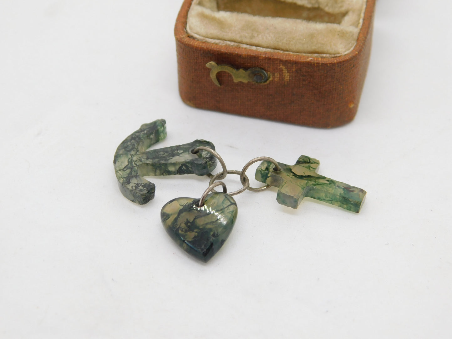 Victorian Silver & Carved Moss Agate Faith, Hope, Charity Charm c1890 Antique