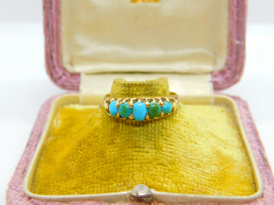 Victorian 18ct Gold & Five-Stone Turquoise Boat Ring 1871 Birmingham Antique