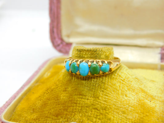 Victorian 18ct Gold & Five-Stone Turquoise Boat Ring 1871 Birmingham Antique