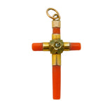 Victorian 9ct Yellow Gold & Red Coral Cross Pendant Antique c1850s