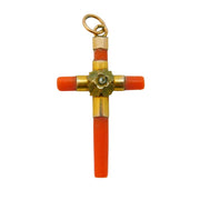 Victorian 9ct Yellow Gold & Red Coral Cross Pendant Antique c1850s