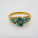 Victorian 15ct Yellow Gold & Turquoise Set Floral Cluster Ring Antique c1850s
