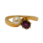 19th Century 15ct Gold, Natural Pearl & Ruby 'Toi et Moi' Crossover Ring Antique