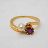 19th Century 15ct Gold, Natural Pearl & Ruby 'Toi et Moi' Crossover Ring Antique