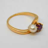 19th Century 15ct Gold, Natural Pearl & Ruby 'Toi et Moi' Crossover Ring Antique