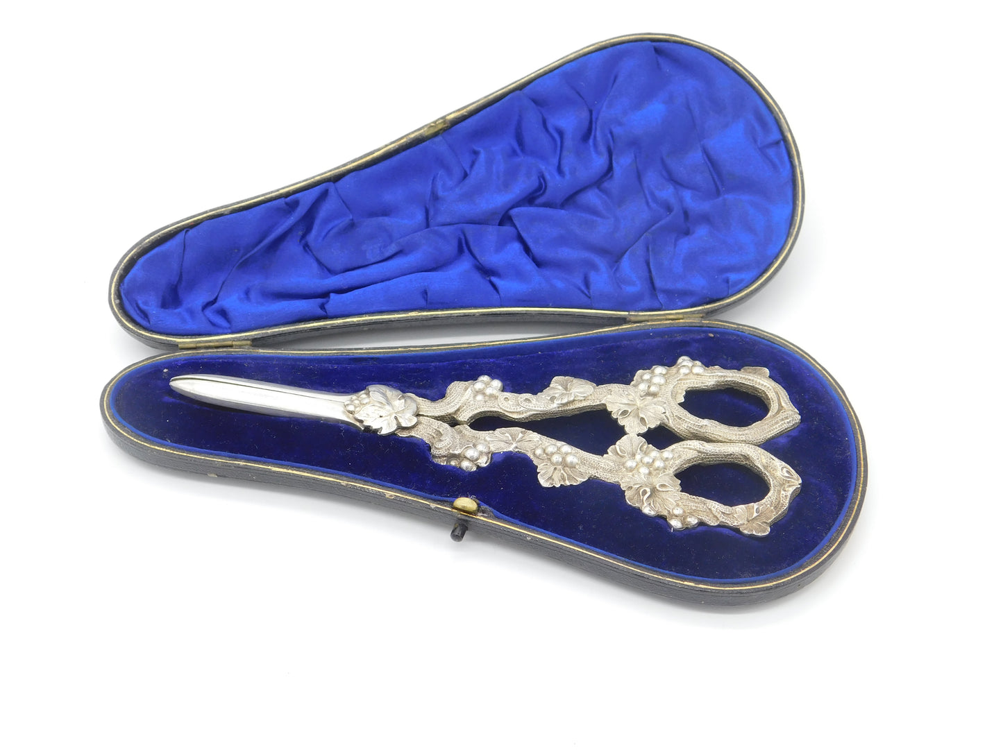 Boxed Edwardian Pair of Sterling Silver Floral Grape Scissors Antique 1909 London