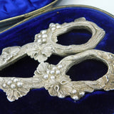 Boxed Edwardian Pair of Sterling Silver Floral Grape Scissors Antique 1909 London