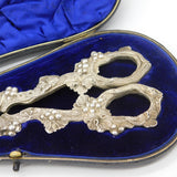 Boxed Edwardian Pair of Sterling Silver Floral Grape Scissors Antique 1909 London
