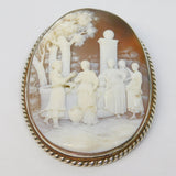 Victorian Large Sterling Silver Epicurean Scene Carved Shell Cameo Brooch c1860