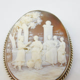 Victorian Large Sterling Silver Epicurean Scene Carved Shell Cameo Brooch c1860