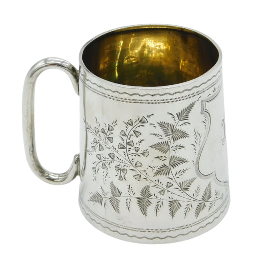 Edwardian Sterling Silver Floral 'K' Initial Christening Mug Antique 1908 Birmingham