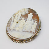 Victorian Large Sterling Silver Epicurean Scene Carved Shell Cameo Brooch c1860