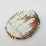 Victorian Large Sterling Silver Epicurean Scene Carved Shell Cameo Brooch c1860