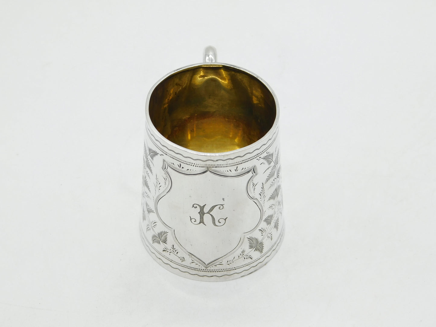 Edwardian Sterling Silver Floral 'K' Initial Christening Mug Antique 1908 Birmingham