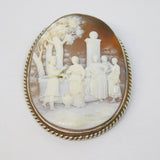 Victorian Large Sterling Silver Epicurean Scene Carved Shell Cameo Brooch c1860