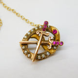 Victorian 10ct Gold, Crossed Sword & Snake Ruby Set Brooch Antique c1850s