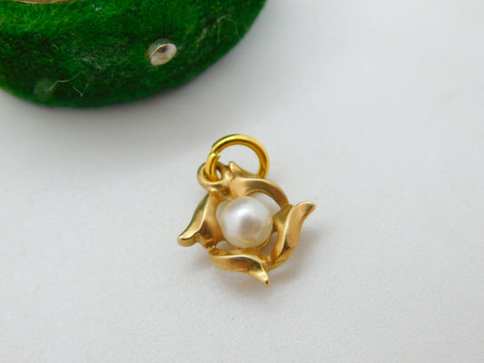 14ct Yellow Gold Pearl Set Floral Drop Pendant Vintage c1980