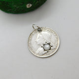 Victorian Sterling Silver Threepence Coin Moonstone Lucky Charm Antique 1897