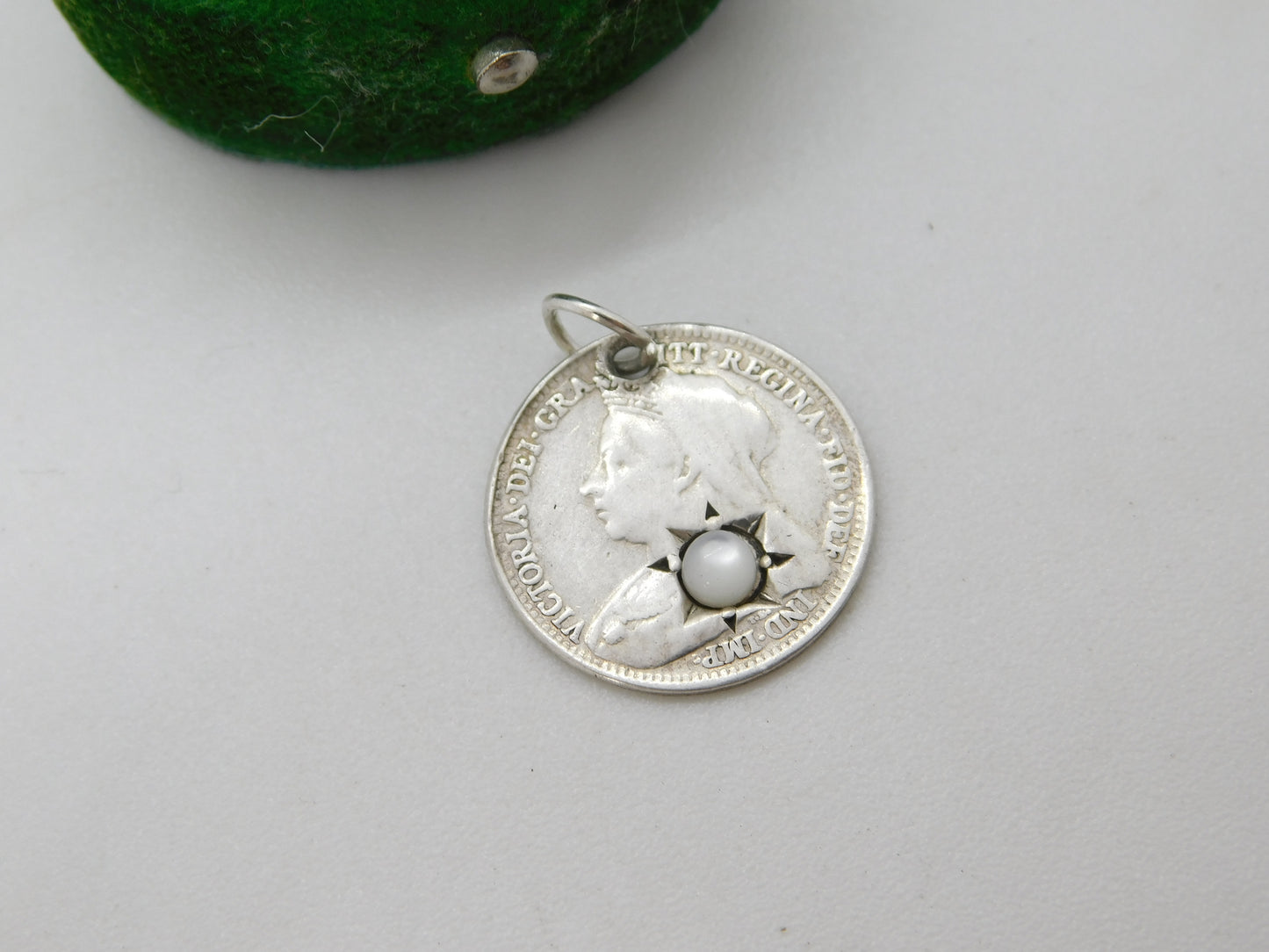 Victorian Sterling Silver Threepence Coin Moonstone Lucky Charm Antique 1897