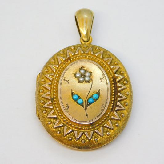 Victorian 15ct Gold, Seed Pearl & Turquoise Sweetheart Locket Antique c1860