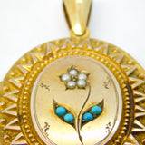 Victorian 15ct Gold, Seed Pearl & Turquoise Sweetheart Locket Antique c1860