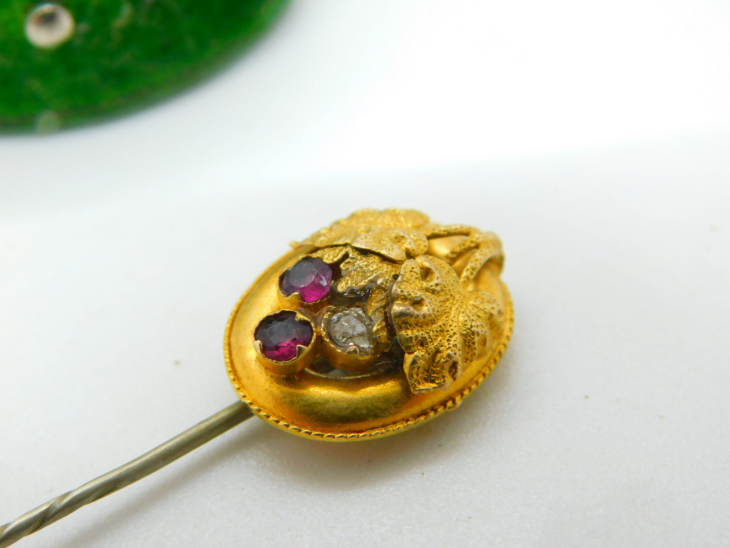 Victorian 18ct Gold Garnet & Diamond Etruscan Style Stick Pin Antique c1860