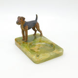 Edwardian Cold Painted Bronze Airedale Dog & Green Onyx Ashtray Antique c1910