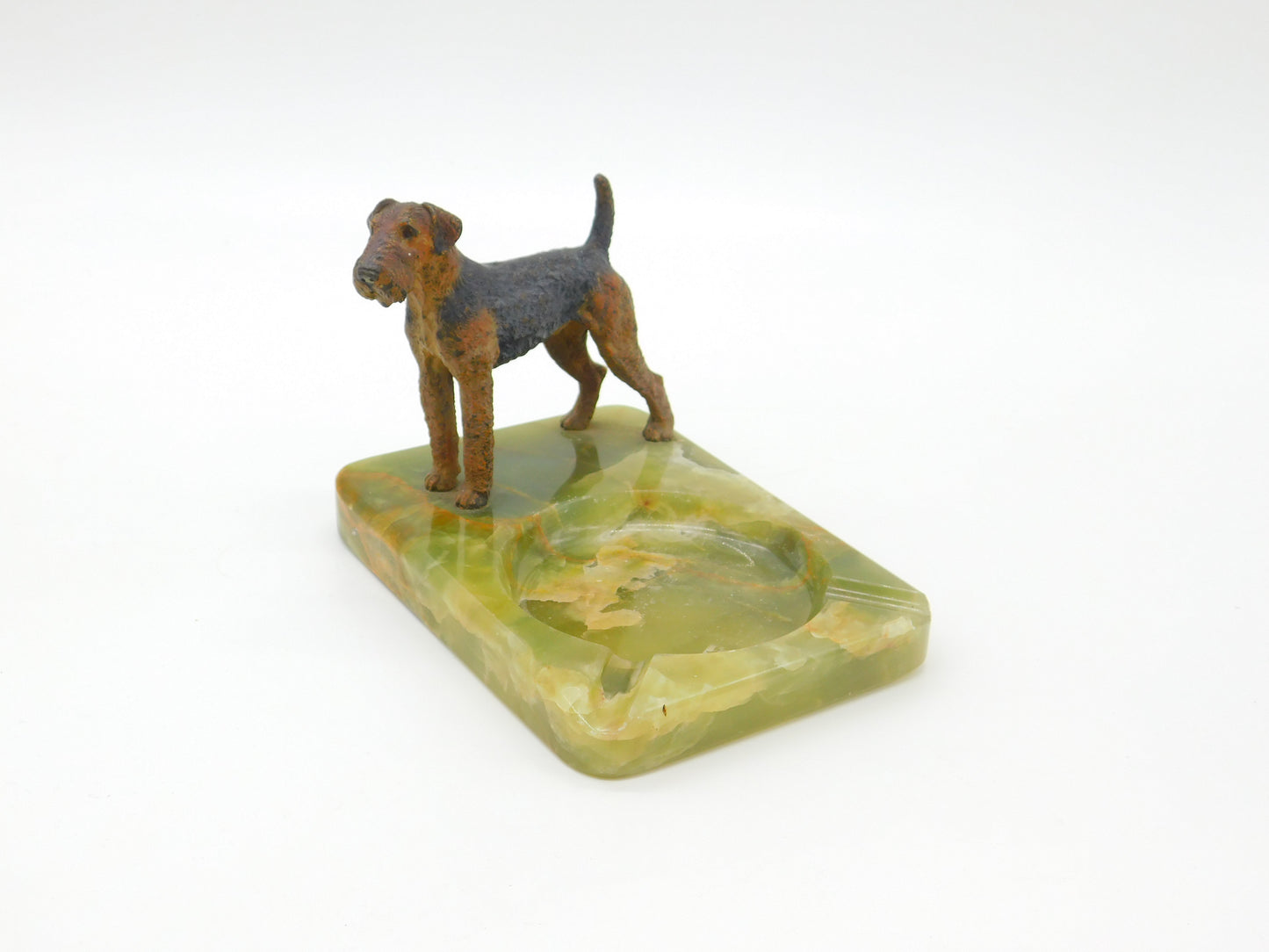 Edwardian Cold Painted Bronze Airedale Dog & Green Onyx Ashtray Antique c1910