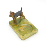Edwardian Cold Painted Bronze Airedale Dog & Green Onyx Ashtray Antique c1910