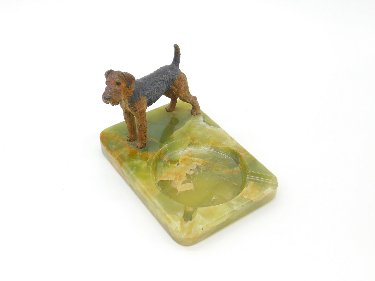 Edwardian Cold Painted Bronze Airedale Dog & Green Onyx Ashtray Antique c1910