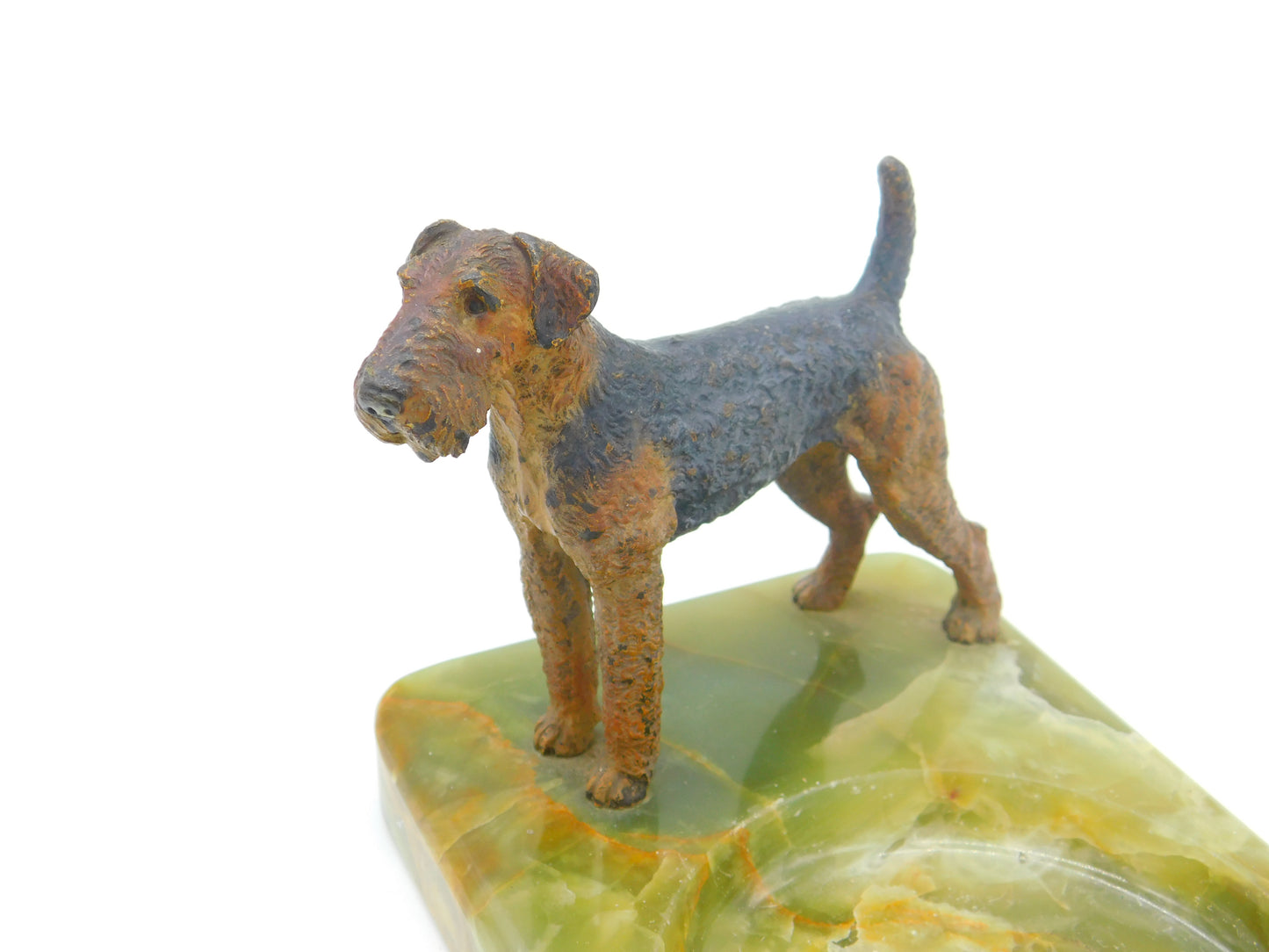 Edwardian Cold Painted Bronze Airedale Dog & Green Onyx Ashtray Antique c1910